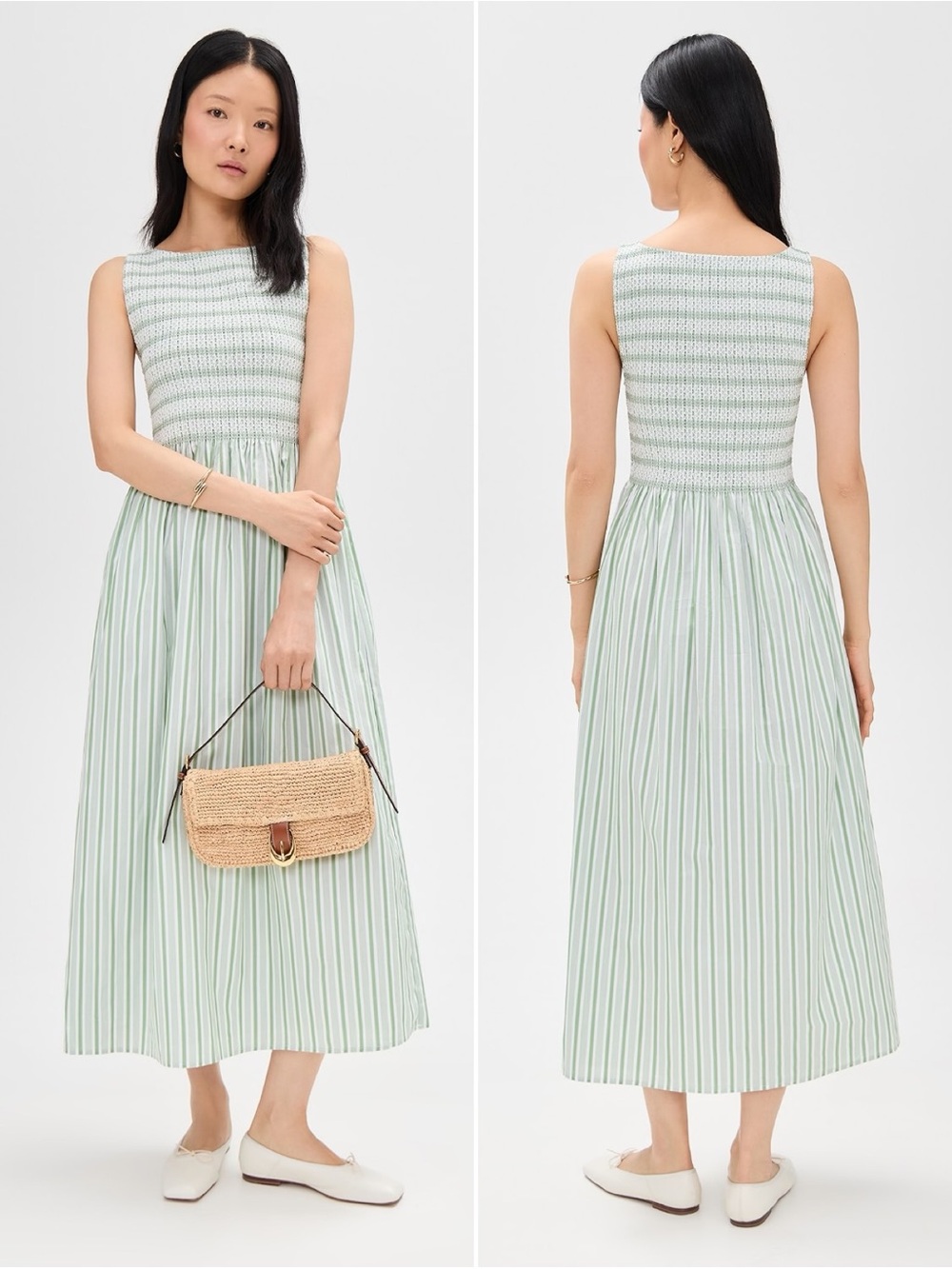 Hill House Home Cosima Nap Dress Green Stripe Smocked Midi Dress XXS NEW